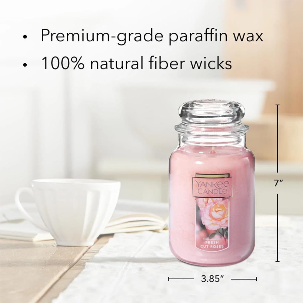 Yankee Candle Fresh Cut Roses Scented Premium 22oz Single Wick Candle Over 110 Hours of Long-Lasting Aroma Ideal for Home Decor Gifting and Events Classic Large Jar Pink (Pack of 1)