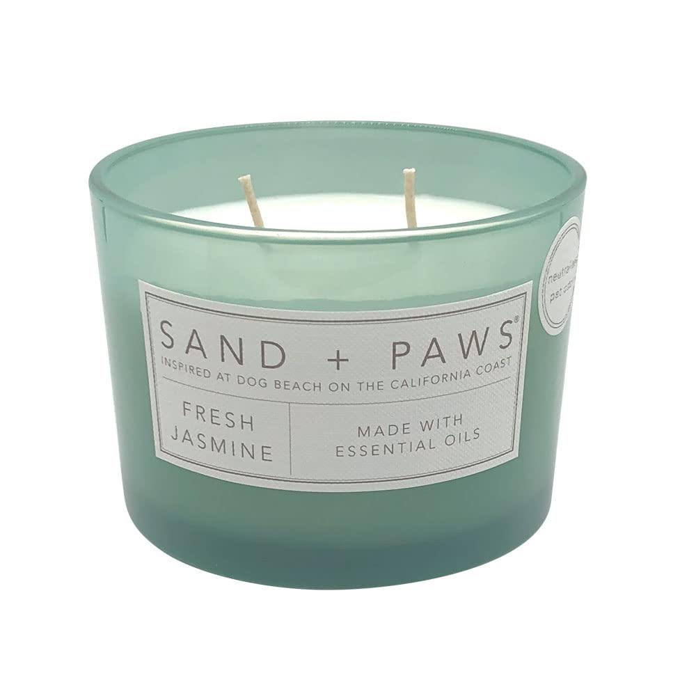 Sand + Paws Scented Candle - Fresh Jasmine - Additional Scents and Sizes –Luxurious Air Freshening Jar Candles Neutralize pet Odors and Enhance Home décor – 100% Cotton Lead-Free Wicks - 12 oz