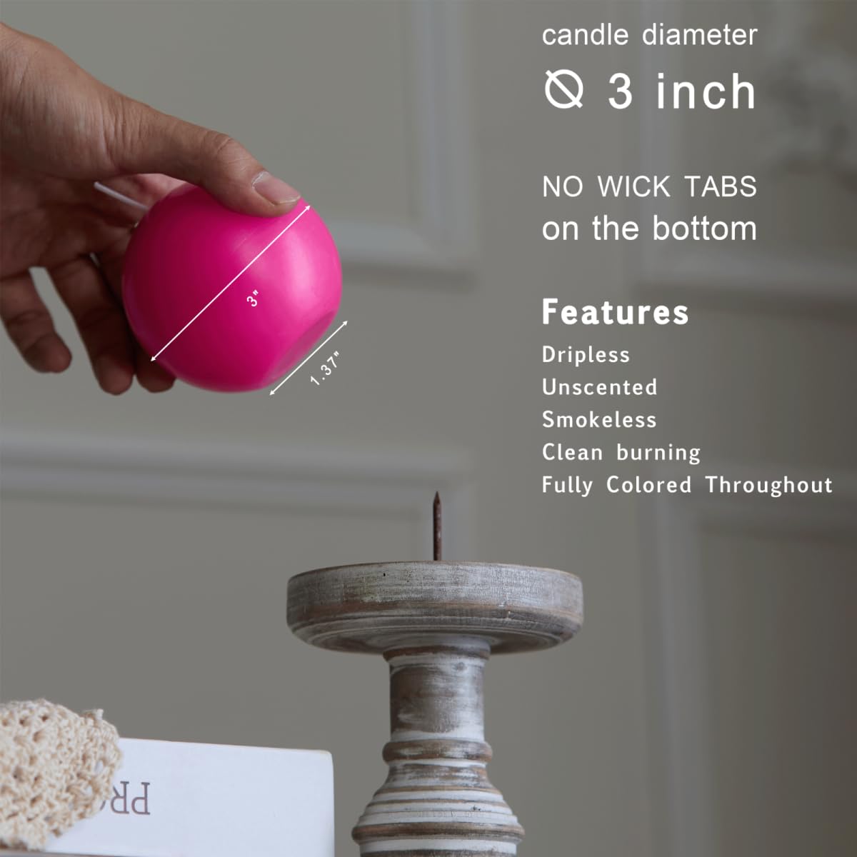 MOZEAL Hand-Poured, 3 Inch Hot Pink Round Ball Candles - Elegant Hot Pink Round Pillar Candles Set of 3, Dripless, Unscented, Smokeless, Ideal for Parties and Celebrations.