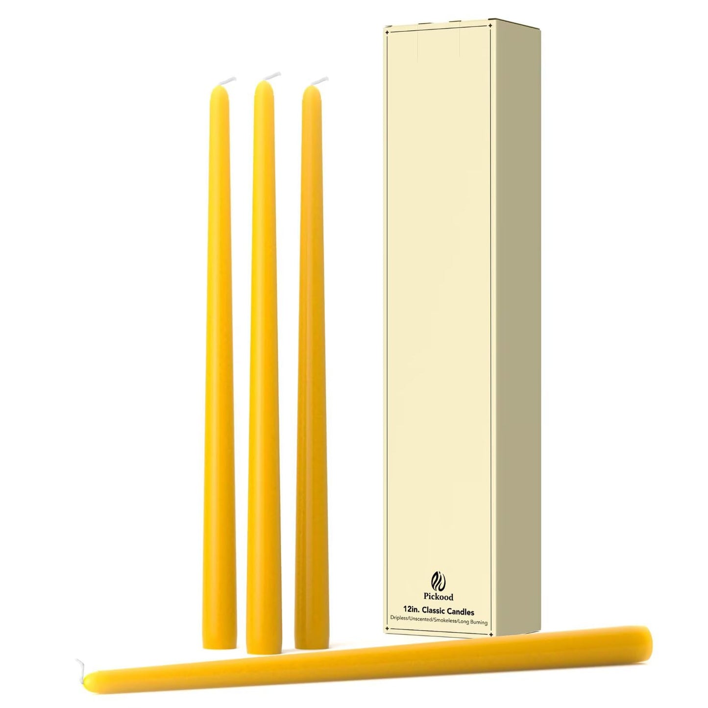 Pickood 12-Inch Tall Dripless Taper Candles Set of 4 - Lemon Yellow Tapered Candles, Perfect for Spring - Smokeless, Unscented, Long Burning - Hand Poured, Colored Tall Candlesticks - Lenmon