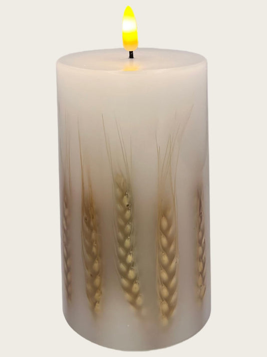 Remineux Flameless LED Candle with Embedded Natural Wheat, Battery-Operated Real Wax Pillar Candle, Flickering Flame Effect, Remote Control, Rustic Farmhouse Decor, Unscented, White (3.25 * 6in)