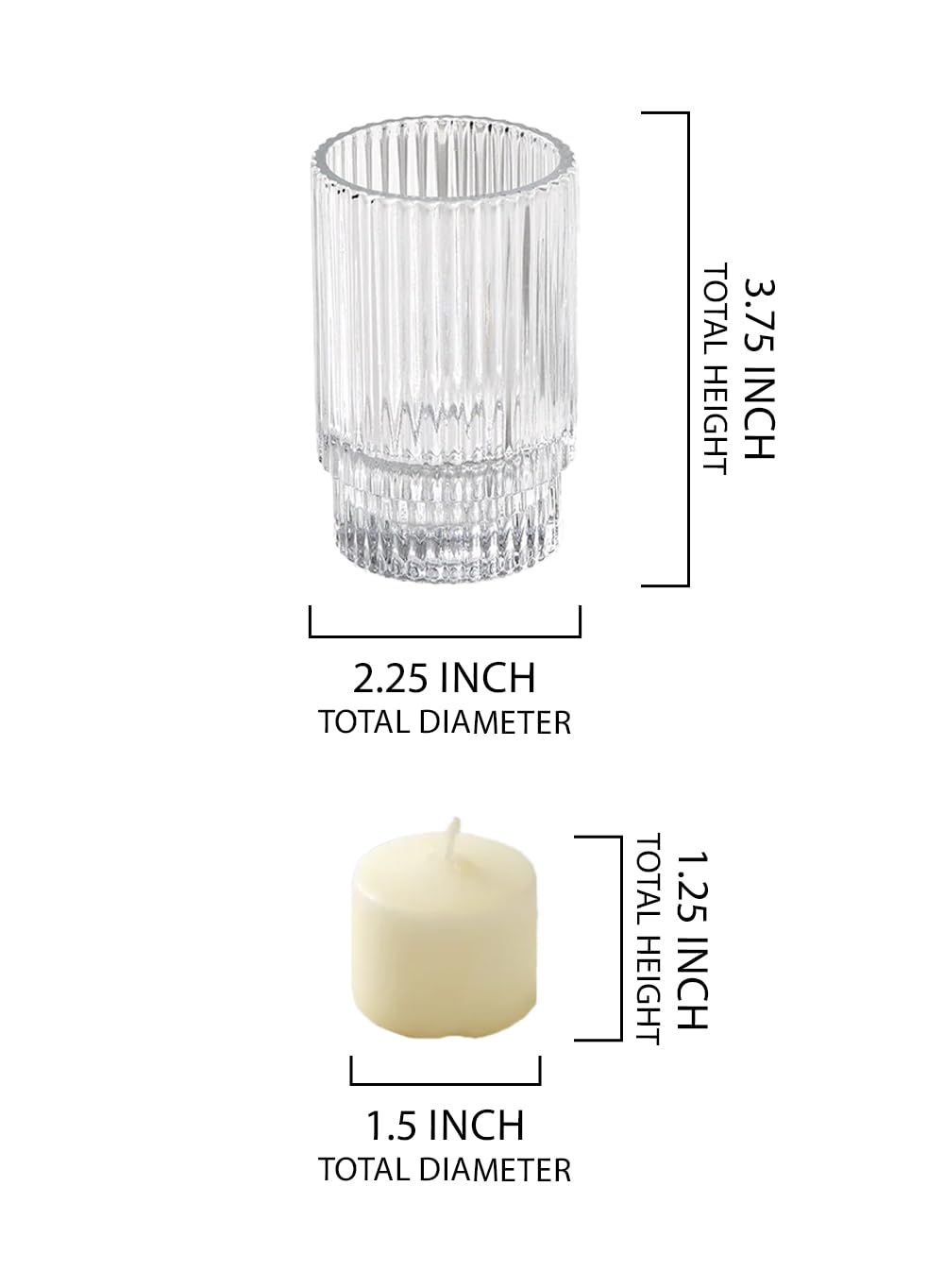 Serene Spaces Living Set of 4 Ribbed Glass Votive Holders & 10-Hour Ivory Votive Candles Set of 36 Bundle – Elegant Pleated Candle Holders & Long-Burning Unscented Tea Light Candles