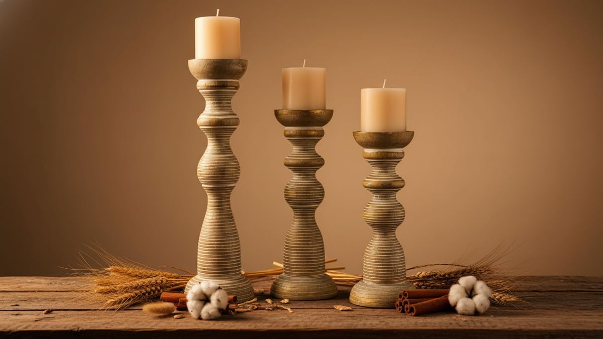 White Washed Hand Carved Wooden Pillar Candle Holders - Set of 3 | Chennai Decorative Style | Crafted from Mango Wood | Rustic Table Centerpiece Decor | Sized 18", 15" and 12"