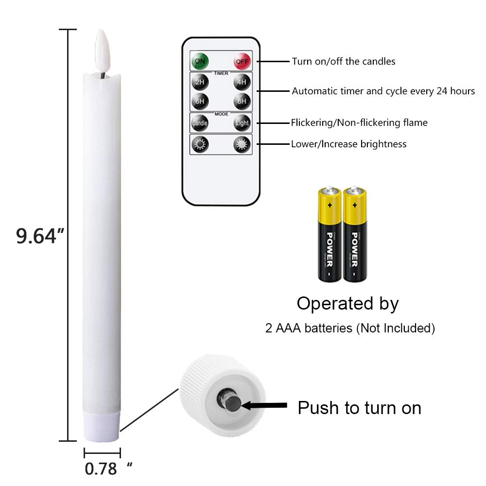GenSwin Flameless Taper Candles Flickering with Remote Timer, Battery Operated LED Taper Candles with 3D Wick Real Wax Window Candlesticks Pack of 2 for Home Wedding Decor(White, 0.78 x 9.64 Inch)