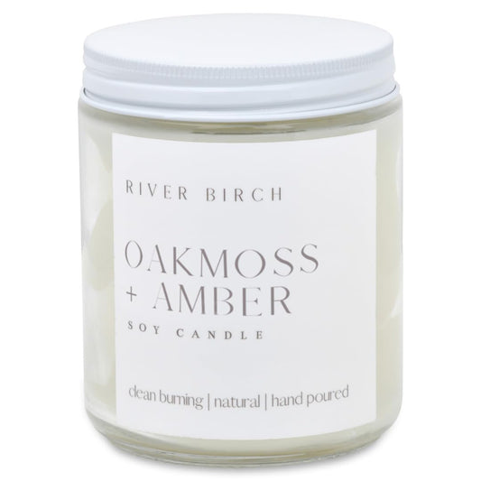 River Birch Candles Oakmoss + Amber Scented Candle | Premium, All-Natural, Non-Toxic, Soy Wax | 8.5oz 40 Hr Burn Time | Cozy Relaxing Gifts for Home