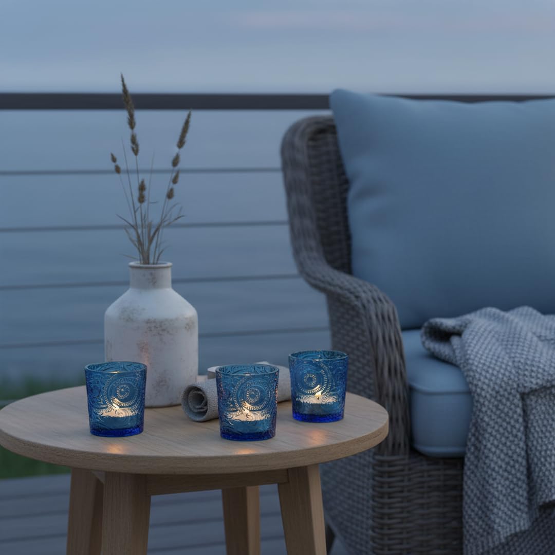 6 Pack Patented Sun Moon Star Embossed Glass Tea Light Candle Holders - Unique Votive Candle Holders for Wedding, Party, and Table Centerpieces (Ocean Blue)