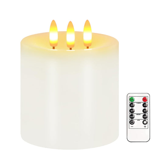 Large 3 Wick Flameless Candles, 4"x4" Flickering Flameless Candles with Remote & Timer, Dimmable Real Wax LED Candles Battery Operated, Electric Pillar Candles for Home Wedding Christmas Decor (White)