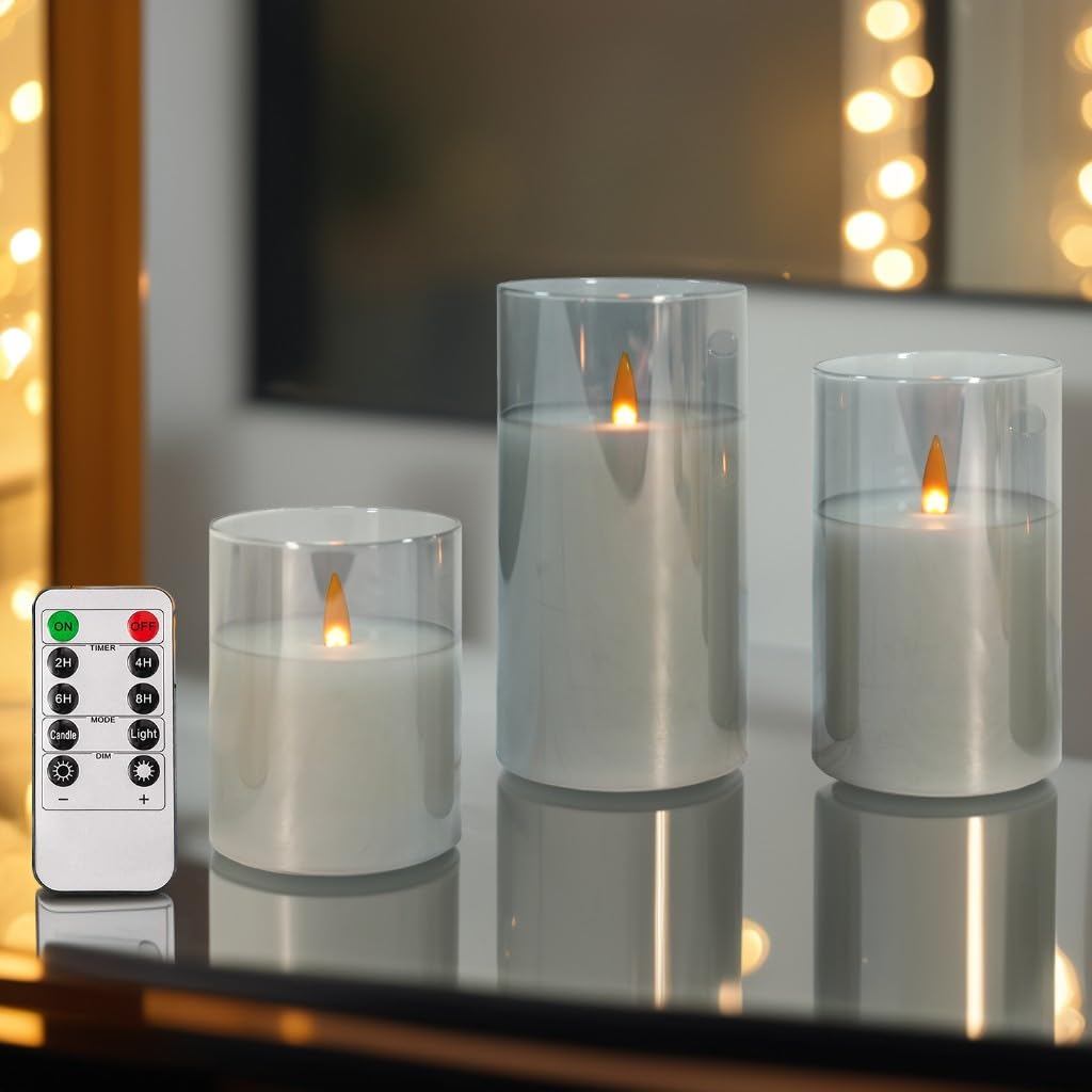 NICEME Clear Glass Flameless Candles Battery Operated with Remote Timer, Real Wax LED Pillar Candles with Flickering Flame Pure White Radiance Evanescing Fake Candles for Wedding Home Decor, Set of 3