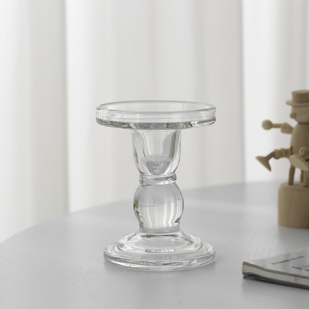 2Pcs Glass Candle Holders,Crystal Glass Candle Holder,Clear Pillar Taper Candlestick for Wedding, Party, Holiday Decoration (Medium)