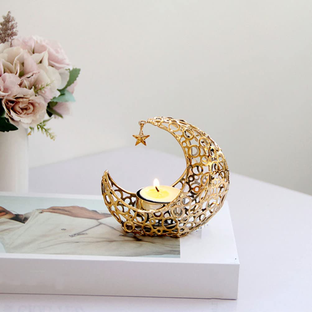 Uonlytech Moon Candle Holder Metal Hollow Crescent Tea Light Stand 4.13In Desktop Decor for Home Bar Restaurant Creating Warm Romantic Atmosphere