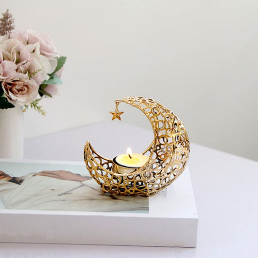 Uonlytech Moon Candle Holder Metal Hollow Crescent Tea Light Stand 4.13In Desktop Decor for Home Bar Restaurant Creating Warm Romantic Atmosphere
