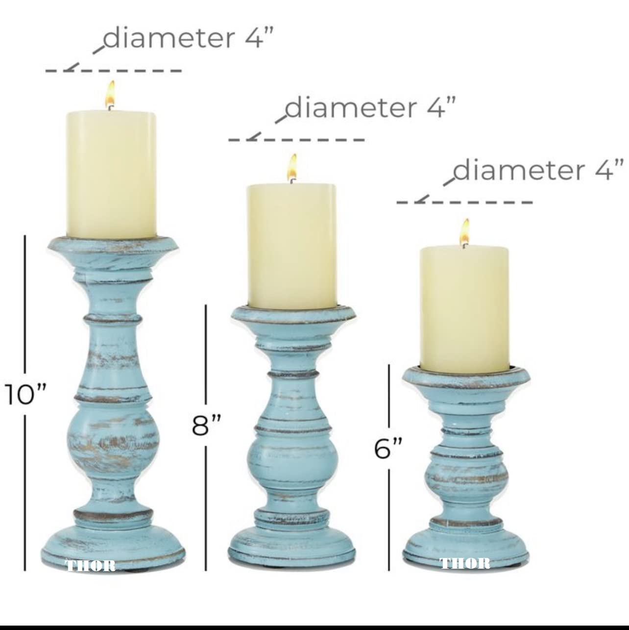 Decorative Light Blue Wood Turned Style Pillar Candle Holder with Distressed Finish, Set of 3 6", 8", 10" H, Light Blue