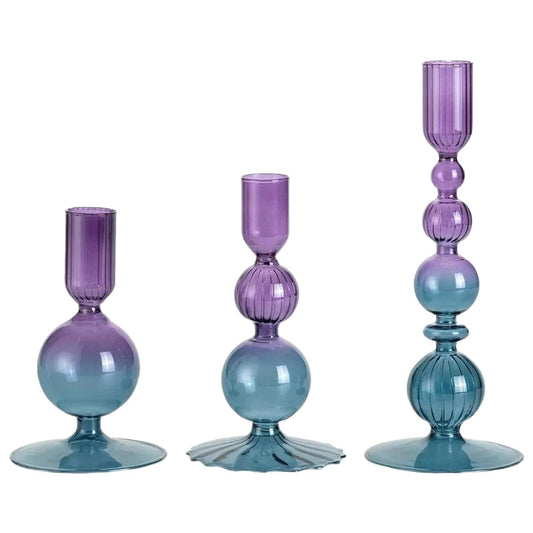 Mineaud 3Pcs Glass Candlestick Holders Glass Taper Candle Holders Groovy Wavy Elegant Candle Stick for Home Party Decoration,PurpleBlue