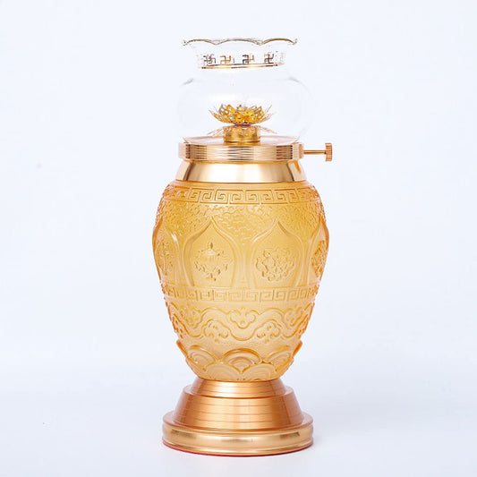 Kerosene Lamp, Oil Lamp Lotus for Buddha Lamp Colored Glass Eight Treasures Auspicious Lamps for Buddha Pure Copper Lamp Household Windproof Oil Lamp