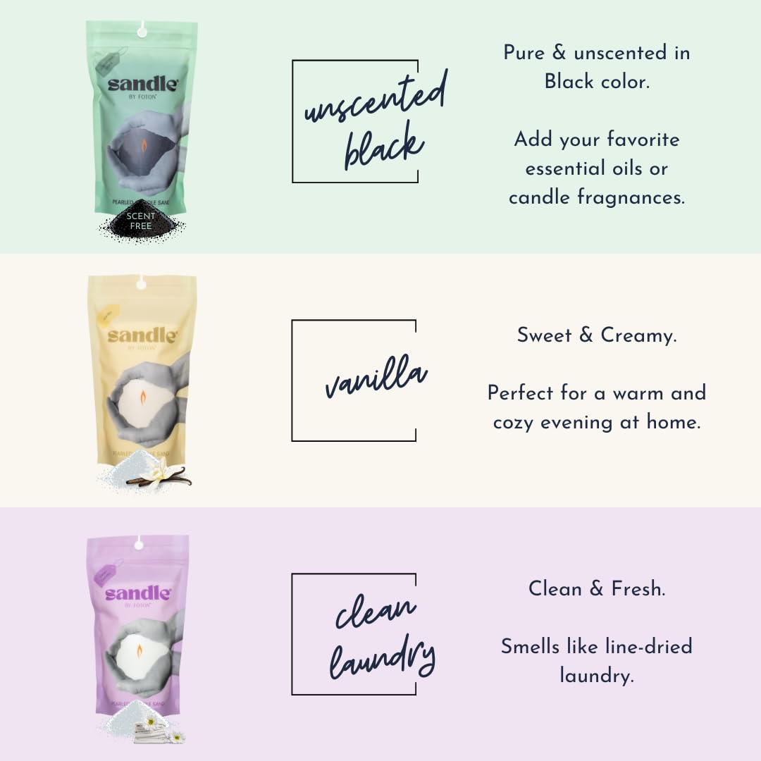 Foton Sandle Pearled Candle – Tri-Pack (3 x 10oz) – Vanilla, Clean Laundry & Black Unscented, Non-Toxic, Luxury & Long-Lasting – Up to 180 Hours – with 15 Wicks Each