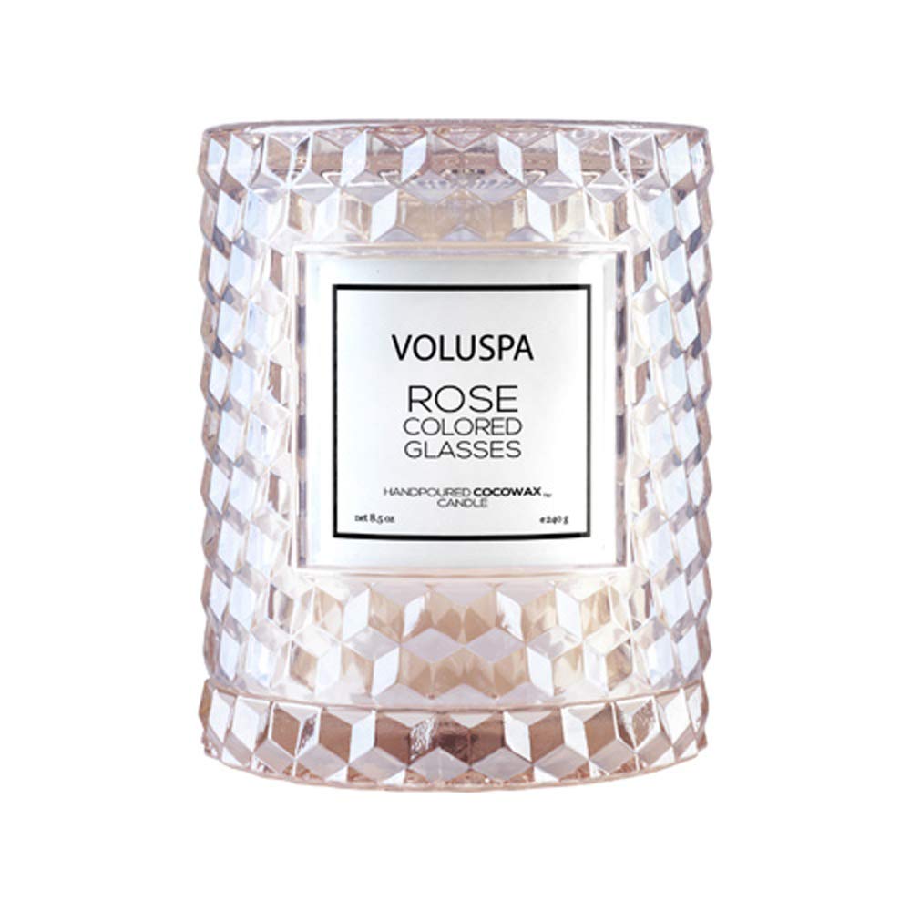 Voluspa Rose Colored Glasses, Cloche Textured Glass Candle, 8.5 Ounce, 55 Hour Burn Time, Coconut Wax for Clean Burning, Handcrafted in the USA