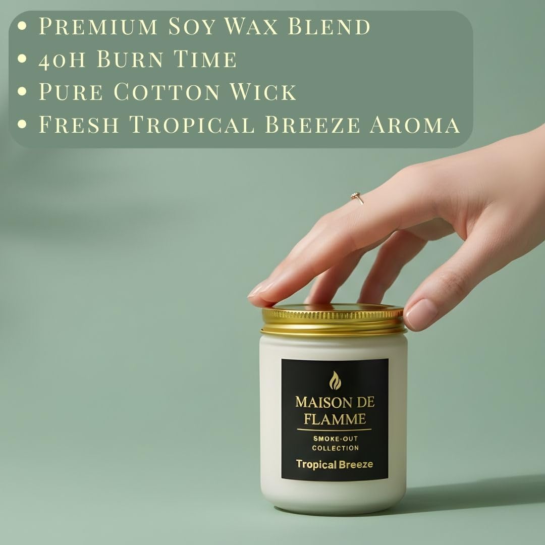 MAISON DE FLAMME Tropical Breeze Odor-Eliminating Scented Candle (White Jar, 200g/7oz) | Long-Lasting Premium Soy Wax Candle for Smoke, Kitchen & Pet Odors