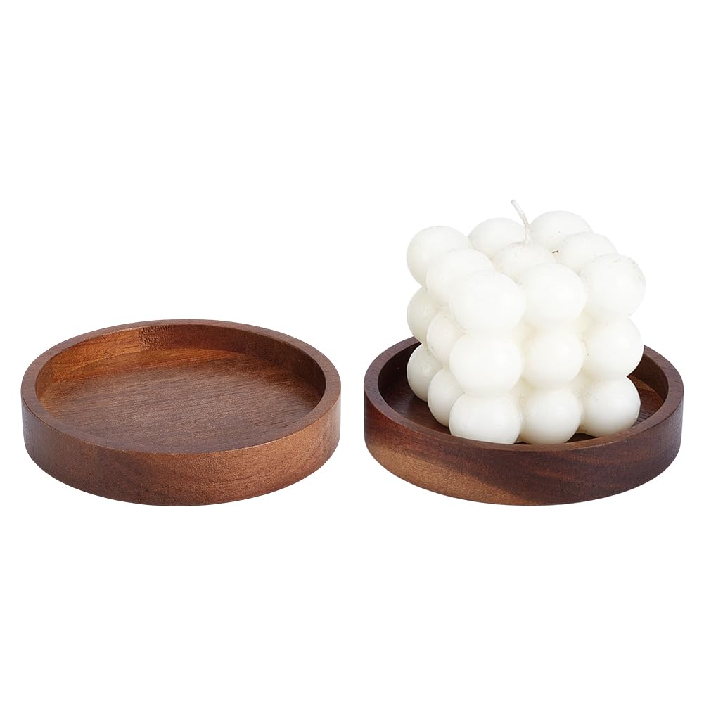 NBEADS 2Pcs Wood Candle Tray, 3.94 inch Acacia Coasters for Candles Flat Round Natural Wood Plant Trays for Home Dining Table Kitchen Accessories Bar Decorative, Coconut Brown