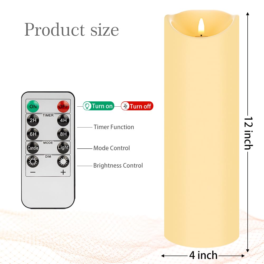 Mingfuxin Outdoor Flameless Candles with Remote, 12" X 4" Waterproof LED Pillar Candles Battery Operated for Lartern Porch, Set of 2