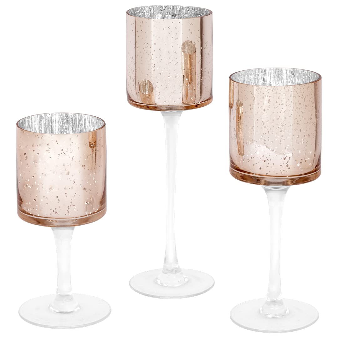 Koyal Wholesale Rose Gold Candle Holder Set of 3, Long Stem Candle Holders, Rose Gold Glass Floating Candle Holders, Tall Gold Tea Light Holders for Table Centerpiece, Tall Tealight Candle