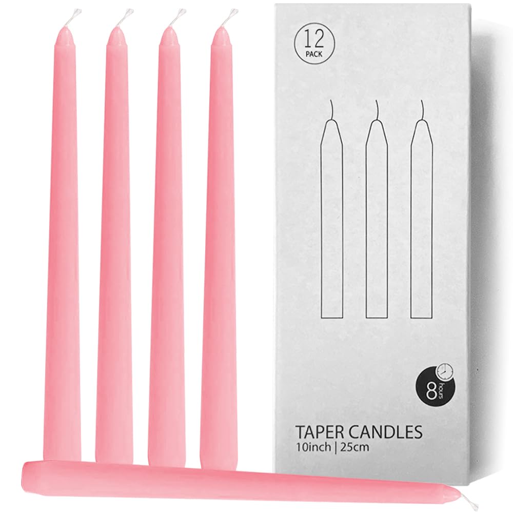 Topsics 12 Pack Pink Taper Candles, 10 inch Unscented Dripless Candlesticks Valentine's Candles - 8 Hours Long Burning Candles for Home Decor, Wedding, Valentine's Day