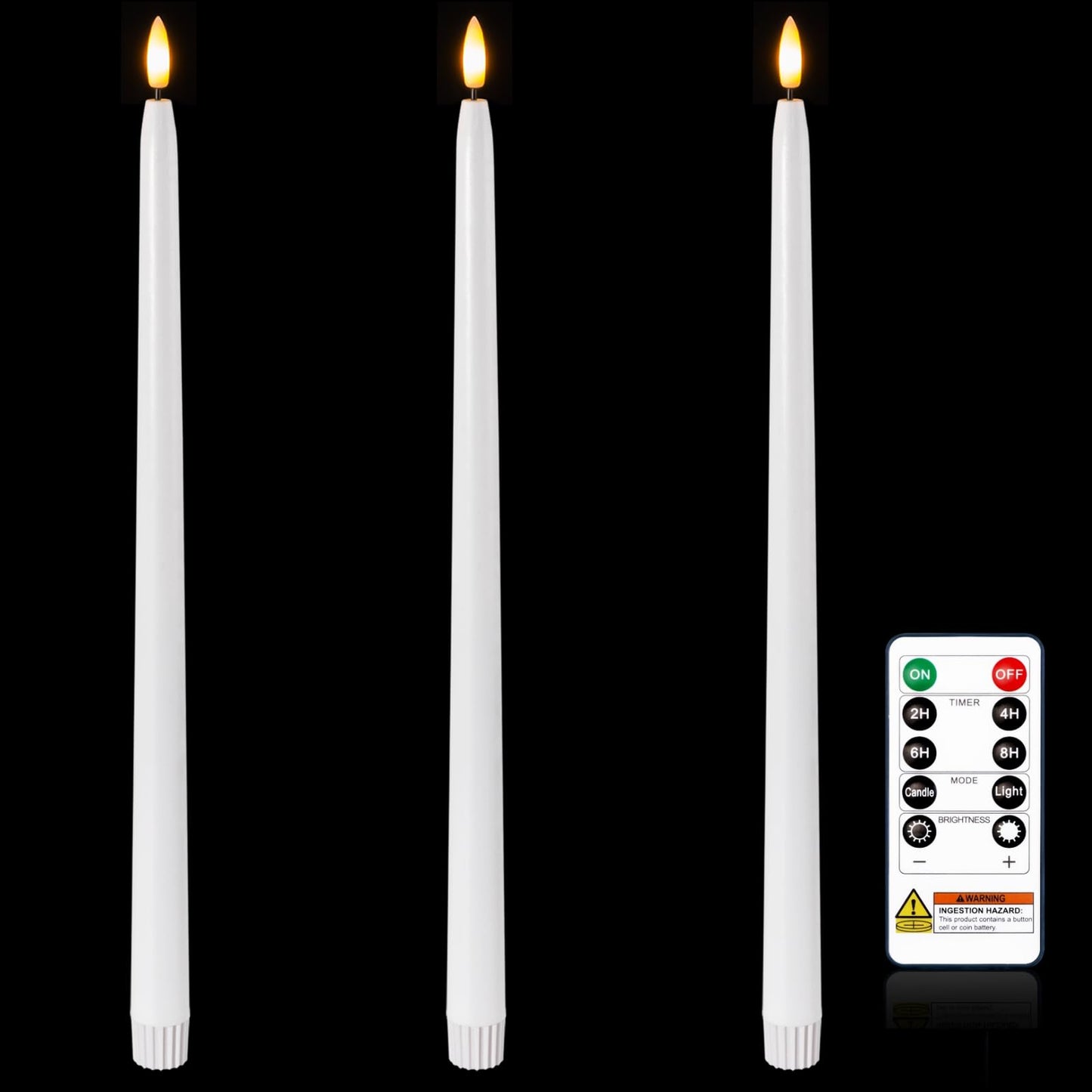 Homemory 15 inches Real Wax Flameless Taper Candles with Remote Timer, 3 Pcs White LED Taper Candles Battery Operated with 3D Flickering Flame, Window Candle Led Candlesticks for Dinners Home Decor