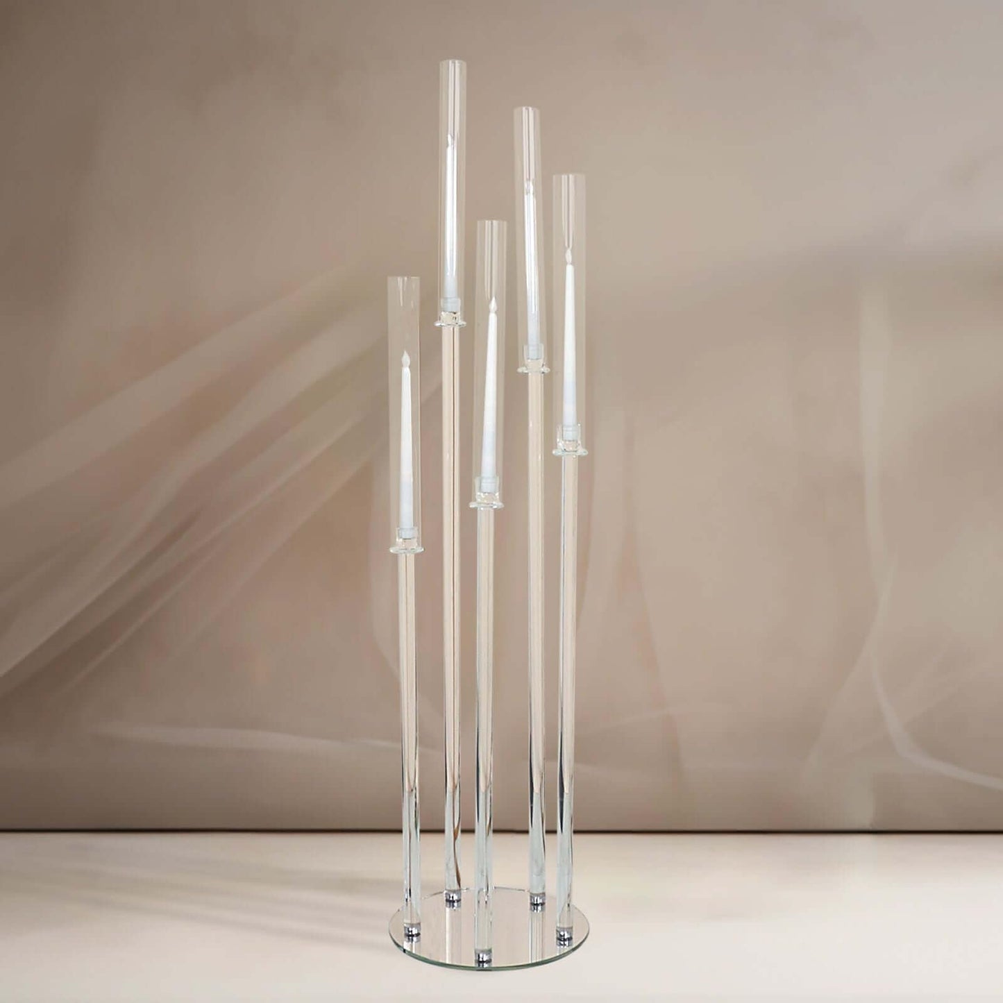 Efavormart 51" Clear 5-Arm Crystal Round Cluster Taper Candelabra Candle Holders, Votive Pillar LED Candle Holders with Round Mirror Base
