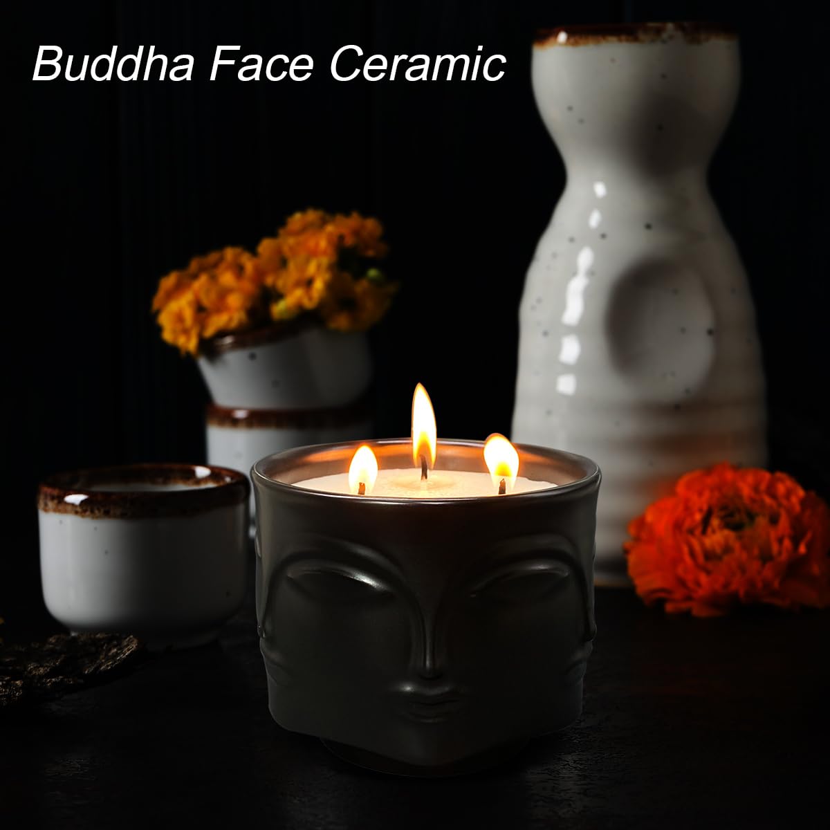 Strong Eucalyptus & Rosemary 3 Wick Black Large Candle, 20oz, Ceramic, Outdoor Scented Candles, 100% Soy, for Home Scented, Yoga, Meditation, Table Decor, Home Decor, Boho Decor, Beautiful Candle Jars