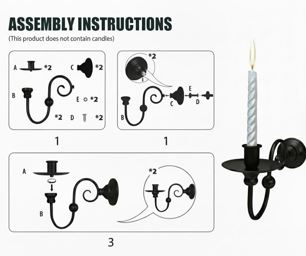 Set of 2 Black Wall Sconces Candle Holder, Modern Farmhouse Metal Wall Decor for Living Room Bathroom Dining Room, Matte Iron Scroll Wall Art Sconce for Pillar or LED Candles (8.6" x 5.9" x 3.5")