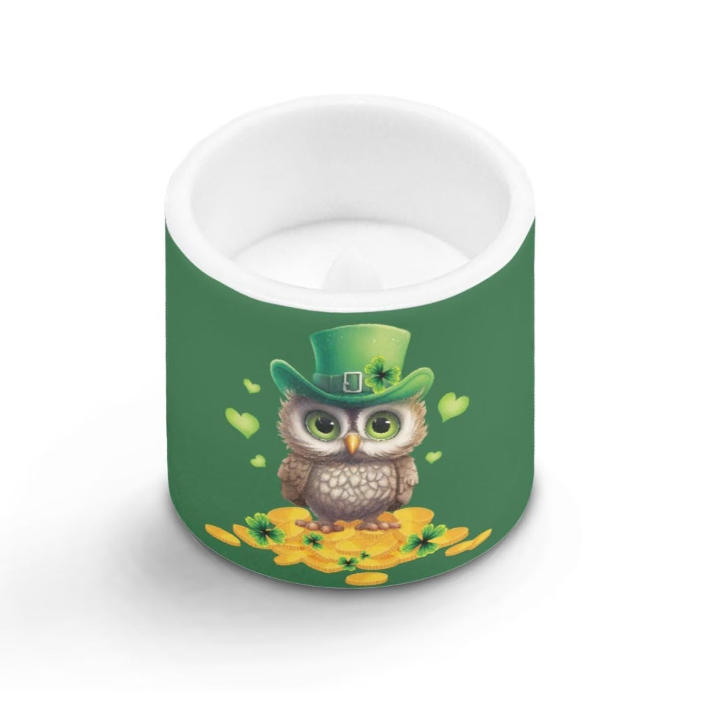 Merkmak 4 Pack Flickering Flameless Candles with Timer and Remote Battery Operated LED Candles St Paddy's Day Tea Lights for Party, Banquet, Home Decoration, Owl Gold Shamrocks Print