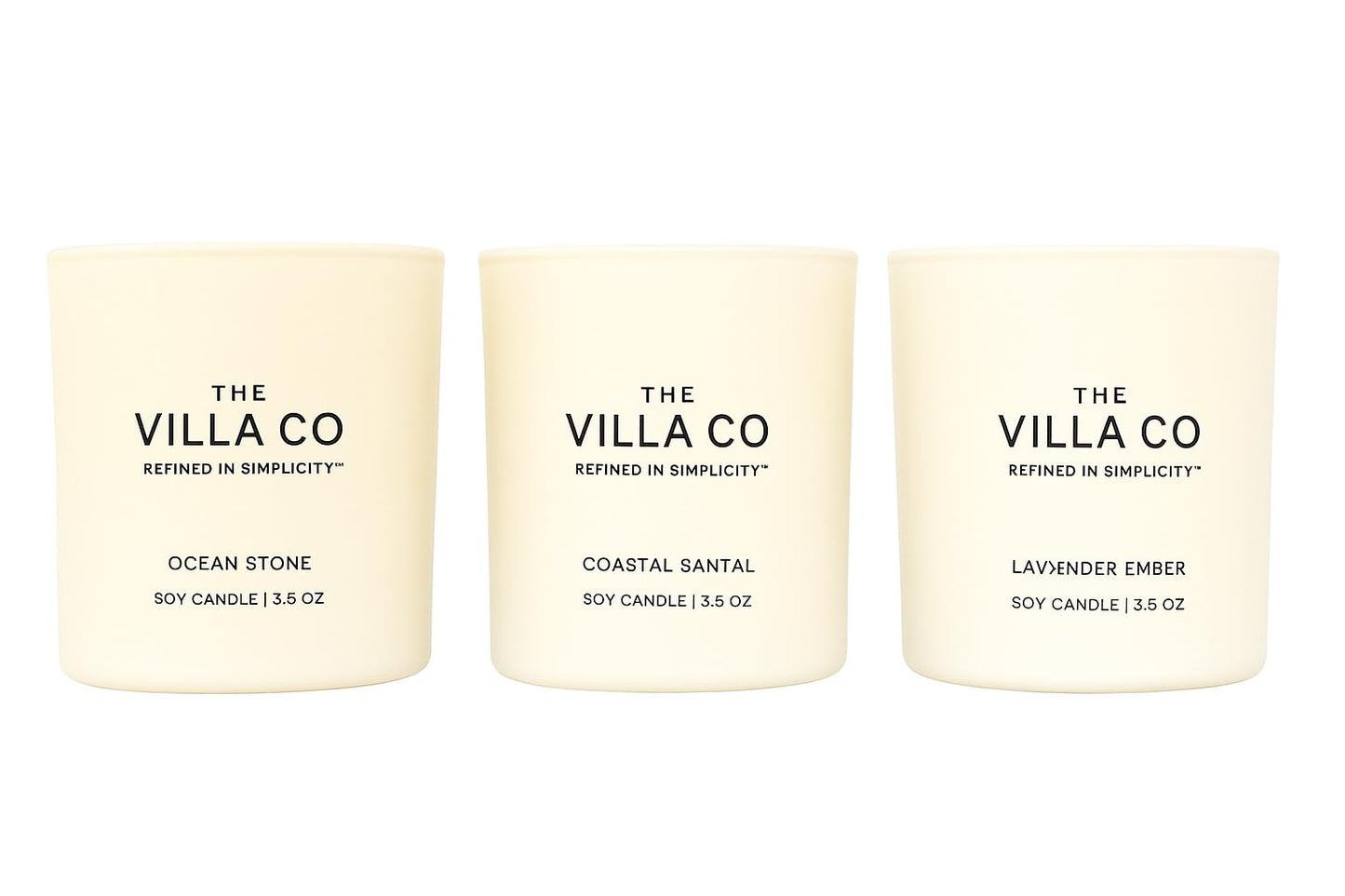The Villa Co - 3 Candle Luxe Box Gift Set | Ocean Stone | Lavender Ember | Coastal Santal | 3.5oz Each | Poured in The USA |