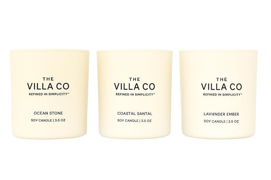 The Villa Co - 3 Candle Luxe Box Gift Set | Ocean Stone | Lavender Ember | Coastal Santal | 3.5oz Each | Poured in The USA |