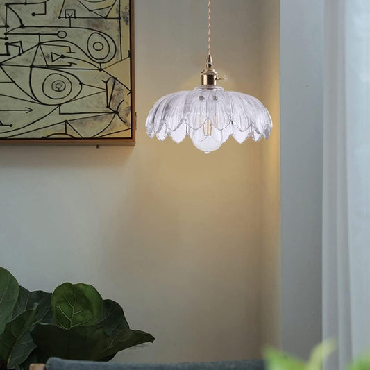 DXYC Creative 1-Light Brass Glass Chandelier Colored Glass Flower Pendant Light Fixture for Restaurant Kitchen Island Decorative Lighting(Clear)