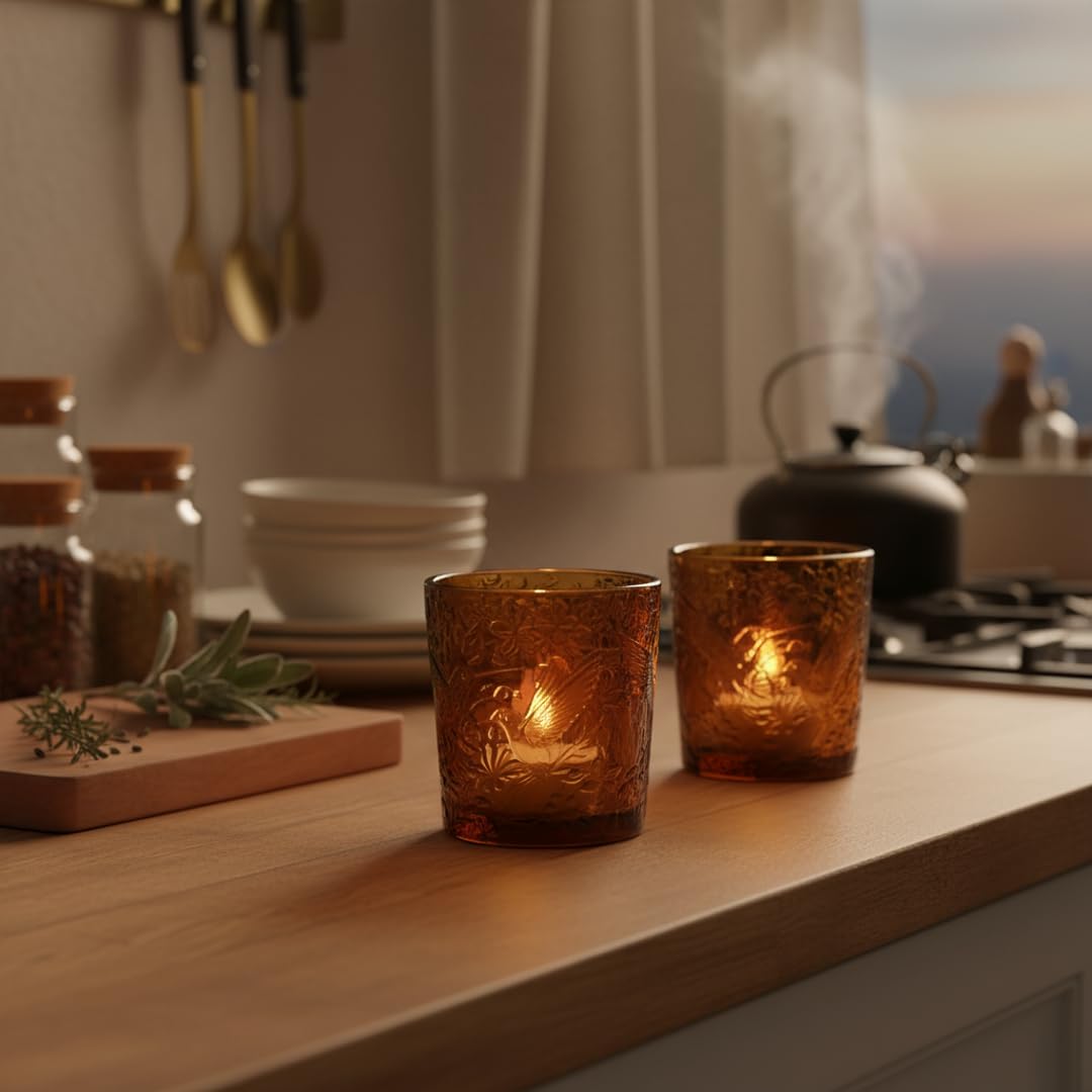 12 Pack Hummingbird Embossed Glass Candle Holders – Votive Tealight Holders with Patent Design, Decorative Embossed Glass Cups for Wedding Centerpieces, Parties, and Home Décor (Chestnut Brown)