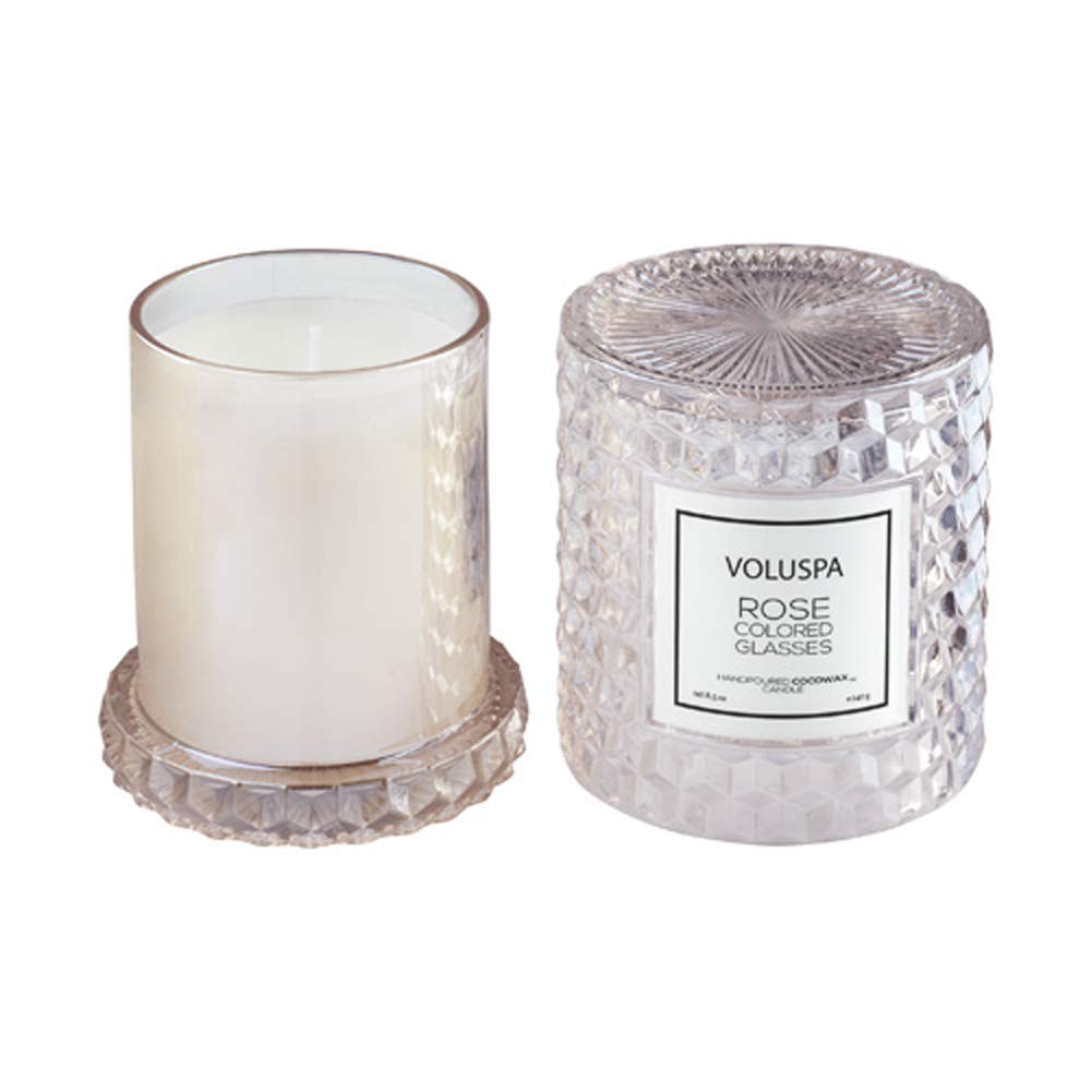 Voluspa Rose Colored Glasses, Cloche Textured Glass Candle, 8.5 Ounce, 55 Hour Burn Time, Coconut Wax for Clean Burning, Handcrafted in the USA