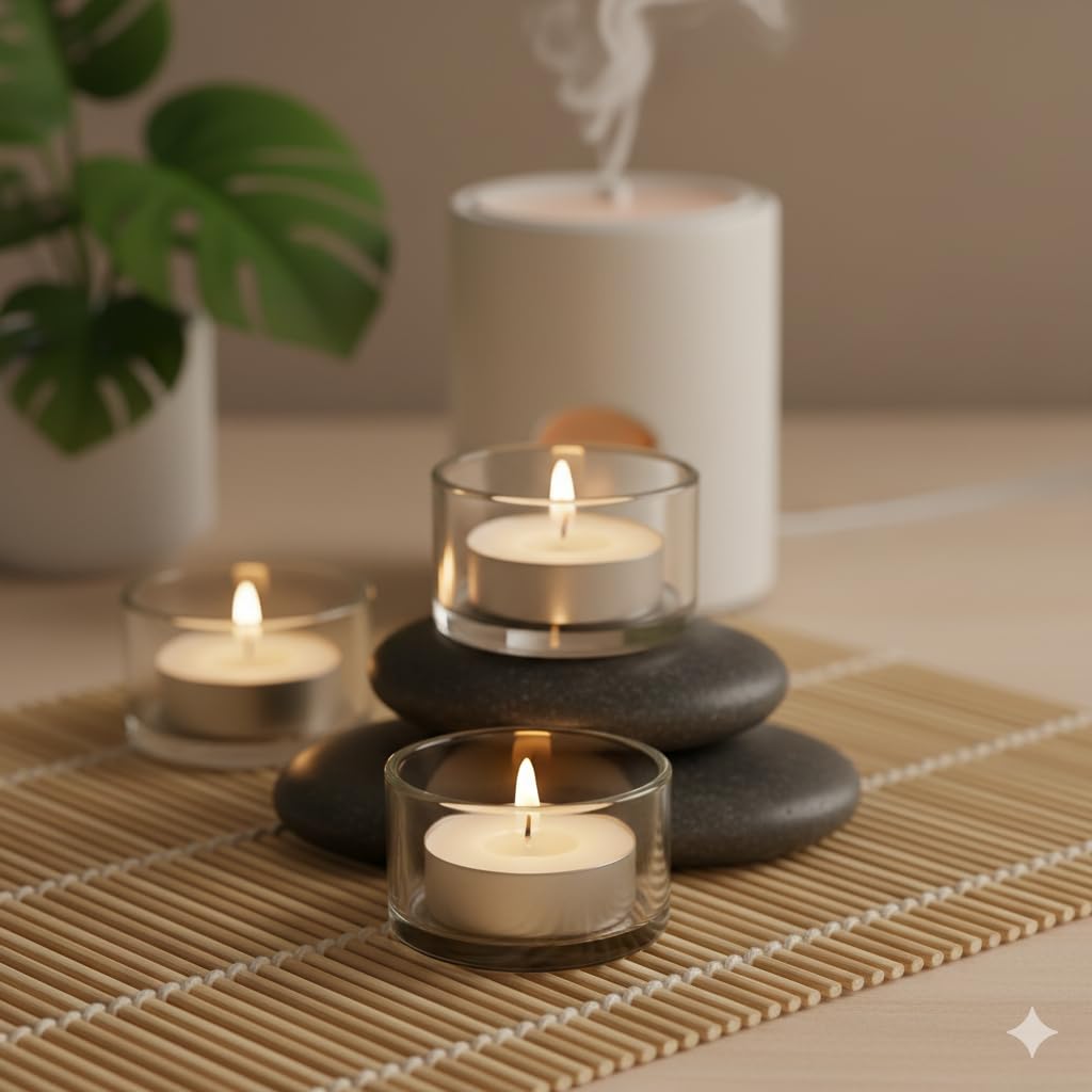 Anchals Collection Tea Light Candles Unscented White Wax Pack of 100 Long Burning Tealights for Diwali Decoration Pooja Home Decor Wedding Spa Meditation Aromatherapy