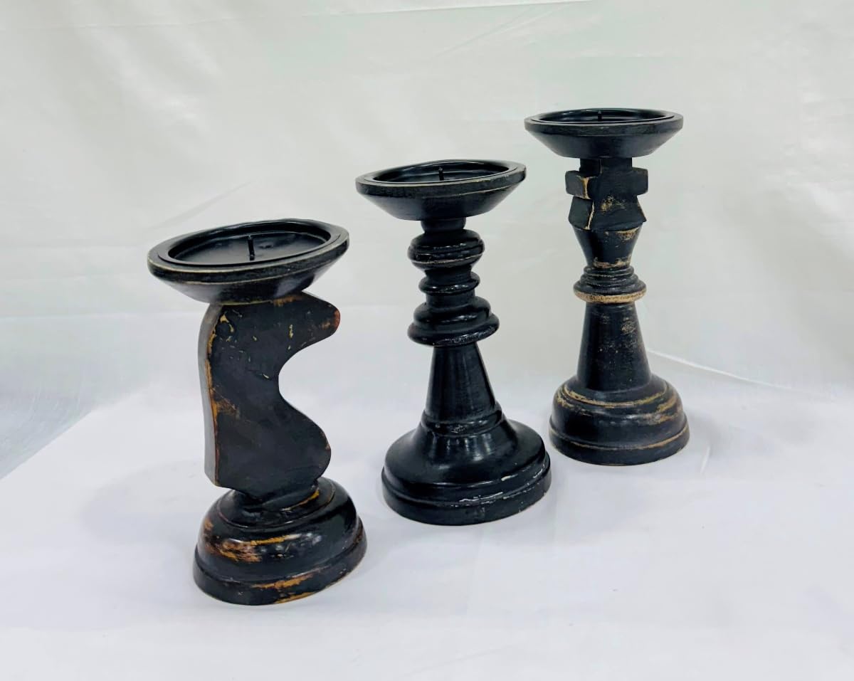 Wooden Black Candle Holders for Pillar Candles Farmhouse Wood Candle Holder Table Centerpiece Decor, Candle Holders Shaped Like Chess Pieces (Set of 3) 6.5X7X8 Inch,