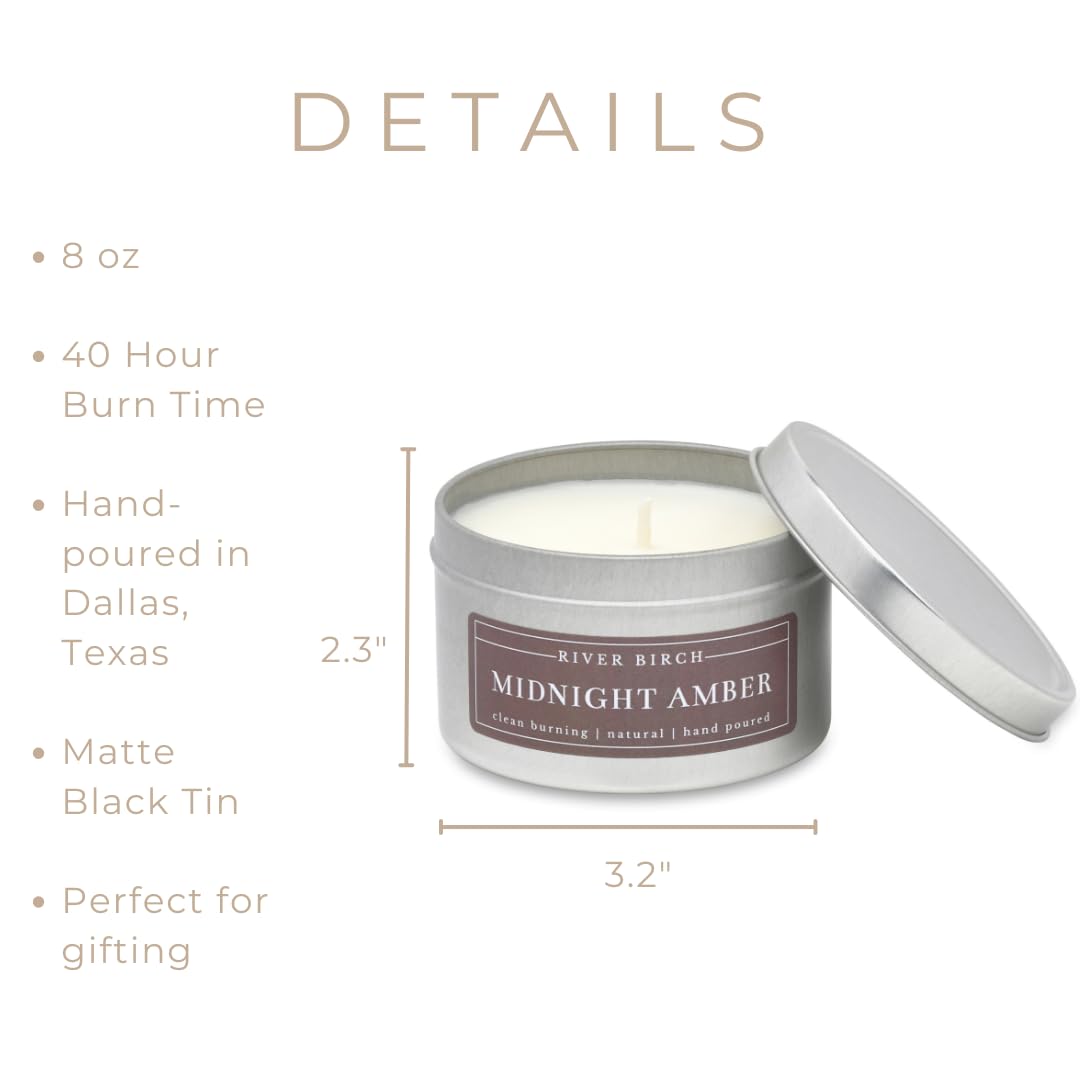 River Birch Candles Midnight Amber Scented Candle | Premium, All-Natural, Non-Toxic, Soy Wax | 8 oz. Silver Travel Tin | Cozy Relaxing Gifts for Home