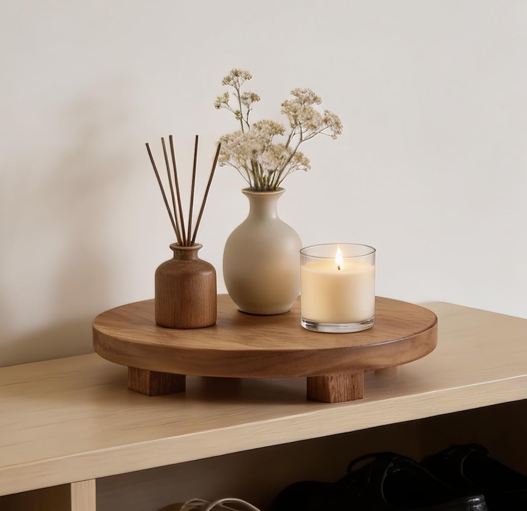 Kurrajong Farmhouse footed wooden tray | wood pedestal stand | 10" wide and 2" high round riser board | acacia wood pedestal board | plant holder