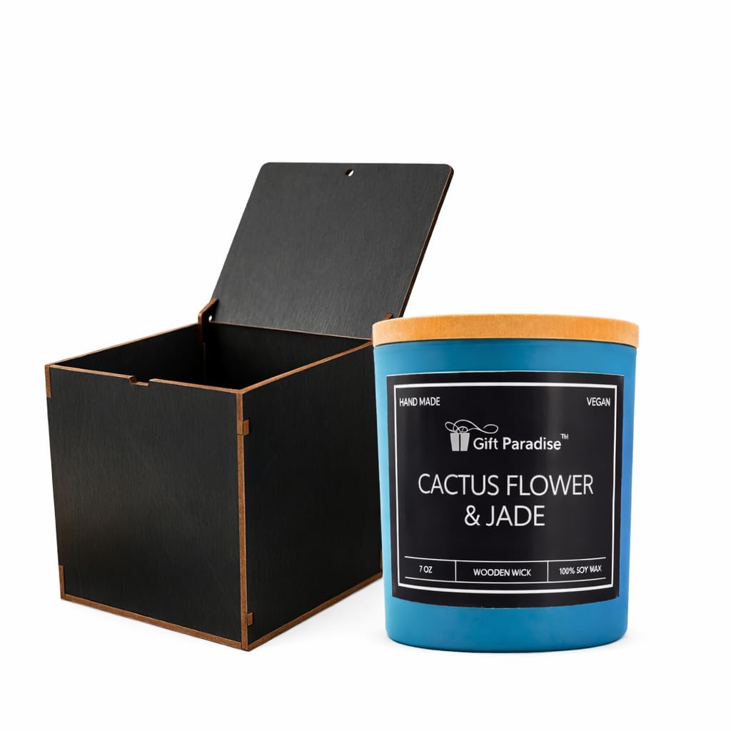 Gift Paradise® Cactus Flower & Jade Candle, 7 oz Soy Wax Candle, Wooden Wick, Fresh Floral Green Scent, Aromatherapy Candle for Relaxation, Luxury Gift for Women & Men, Spring Summer Home Fragrance