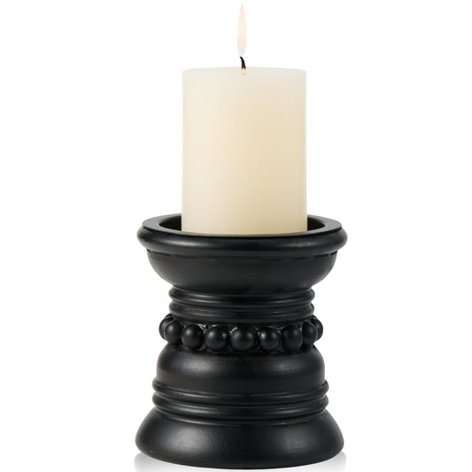 THORNIA Wooden Candle Holder with Metal Cup - Rustic 4 Inch Pillar Candles Pedestal Stand for Tabletop, Fireplace, Decorative Beaded Candlestick Holders for Farmhouse Vintage Home Decor - Black