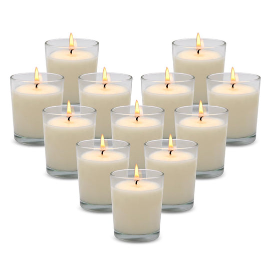Set of 12 White Votive Candles Clear Glass Filled Unscented Soy Wax Candle for Home Décor Spa Weddings Birthday Holidays Party and DIY