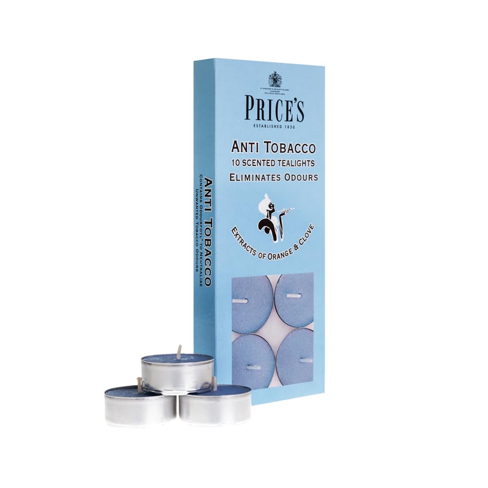 Price's - Anti-Tobacco Tealights - 10 Pack - Odour Eliminating Tealights - Made with Orange and Clove Extracts - Clean, Fresh, Quality Fragrance - Long Lasting Scent
