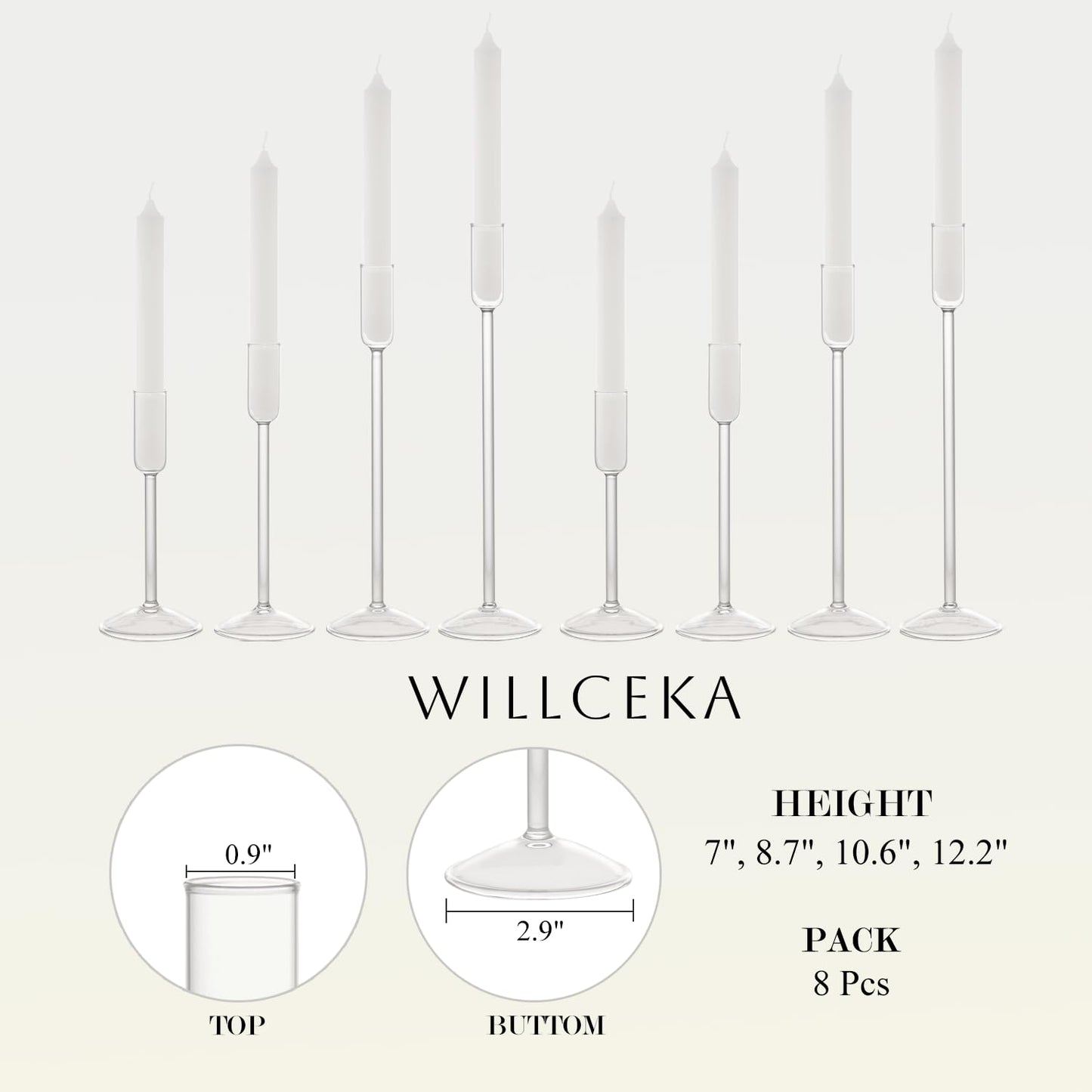 Willceka Candle Holder, Glass Taper Candle Tall Candlestick Holder, 4 Different Heights, for Table Centerpiece, Wedding, Party, Clear, 8pcs