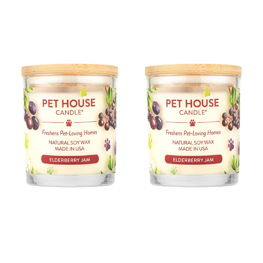 One Fur All Pet House Candle 2 Pack - Plant-Based/Soy - Clean Burning Scented, Long Lasting Pet Odor Candle for Home - Elderberry Jam