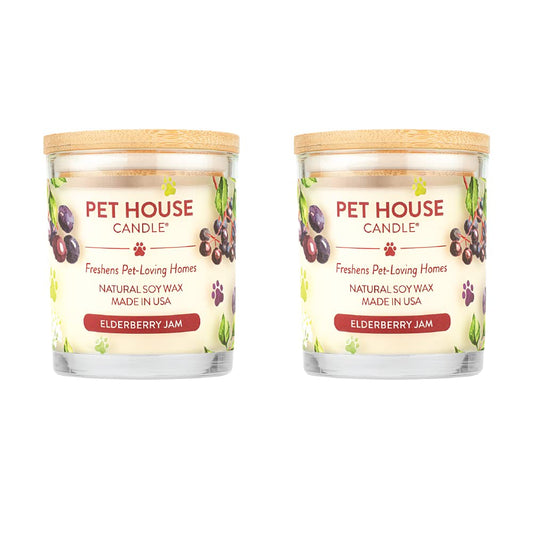 One Fur All Pet House Candle 2 Pack - Plant-Based/Soy - Clean Burning Scented, Long Lasting Pet Odor Candle for Home - Elderberry Jam