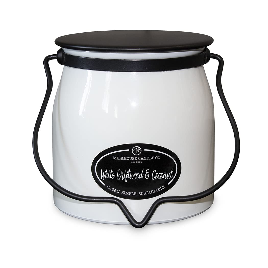 Milkhouse Candle Company White Driftwood & Coconut Soy Candle - Coconut Water | Mandarin Orange | Rosewater Scented - 16 oz Butter Jar with Lid, 65+ Hour Burn Time, Made in the USA