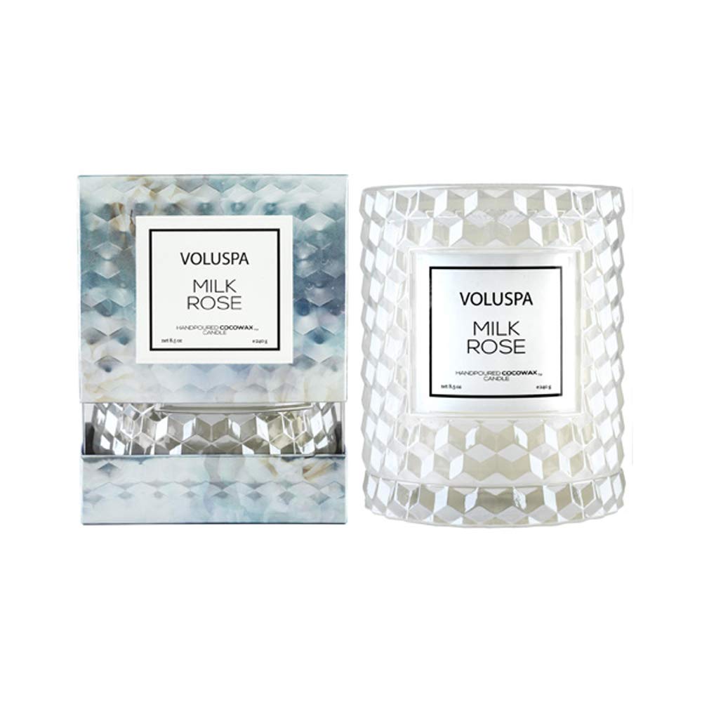 Voluspa Milk Rose, Cloche Textured Glass Candle, 8.5 Ounce, 55 Hour Burn Time, Coconut Wax for Clean Burning, Handcrafted in the USA