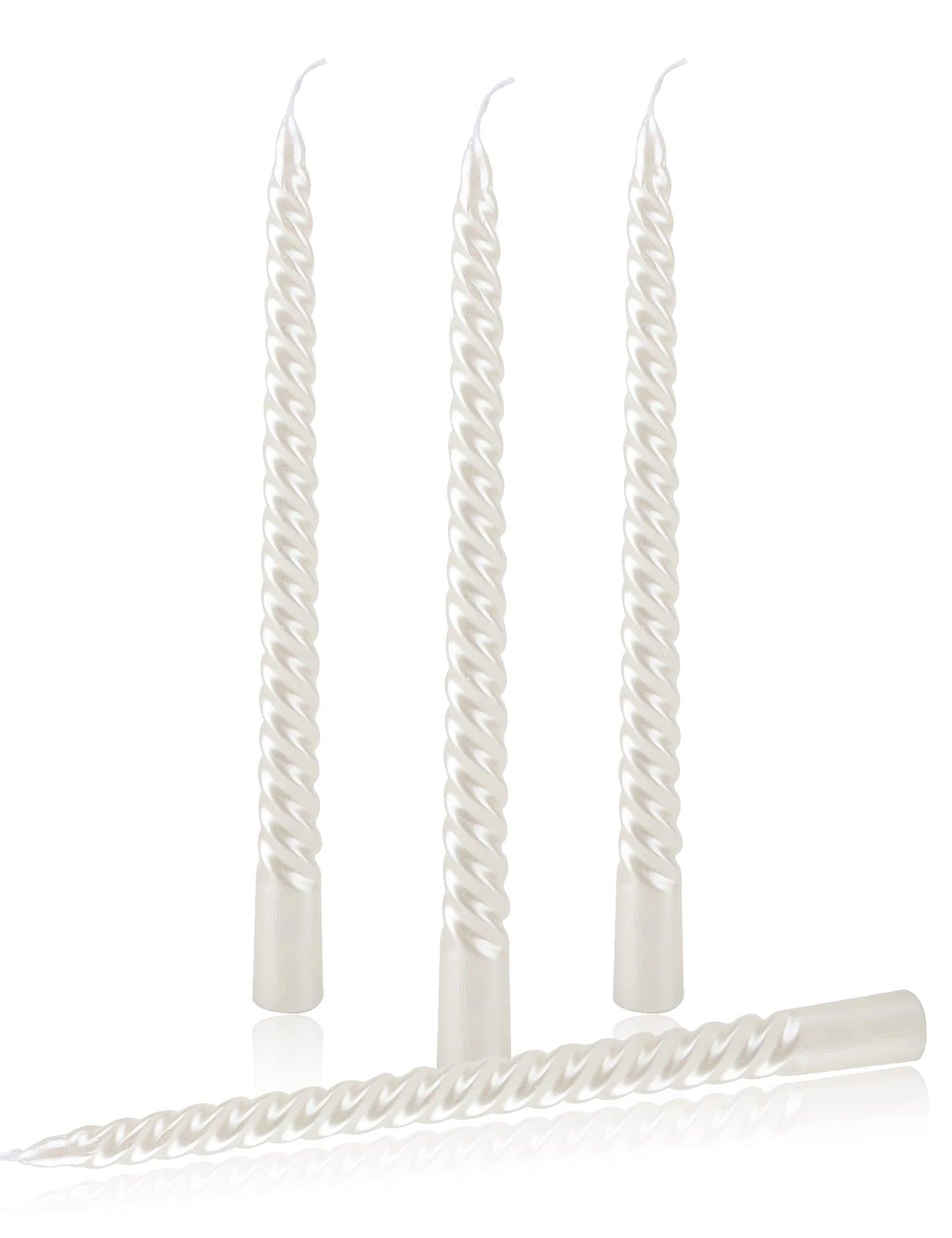 SEVEN LUCKY LIGHT 10 Inch Spiral White Taper Candles Set of 4, Metallic Finish Dripless Candlesticks, 8+ hrs Smokeless Clean Burning for Christmas, Home, Dinner, Wedding & Church Decor