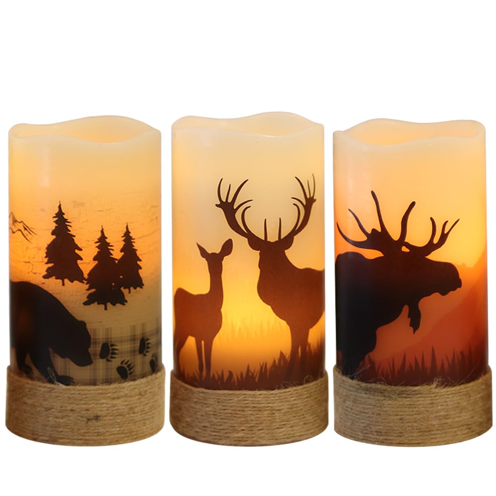 Eldnacele Flameless Flickering Candles Deer, Moose, Bear Decal with Hemp Rope and 6H Timer, Battery Operated LED Pillar Candles Real Wax Home Décor Christmas and Gift Set of 3